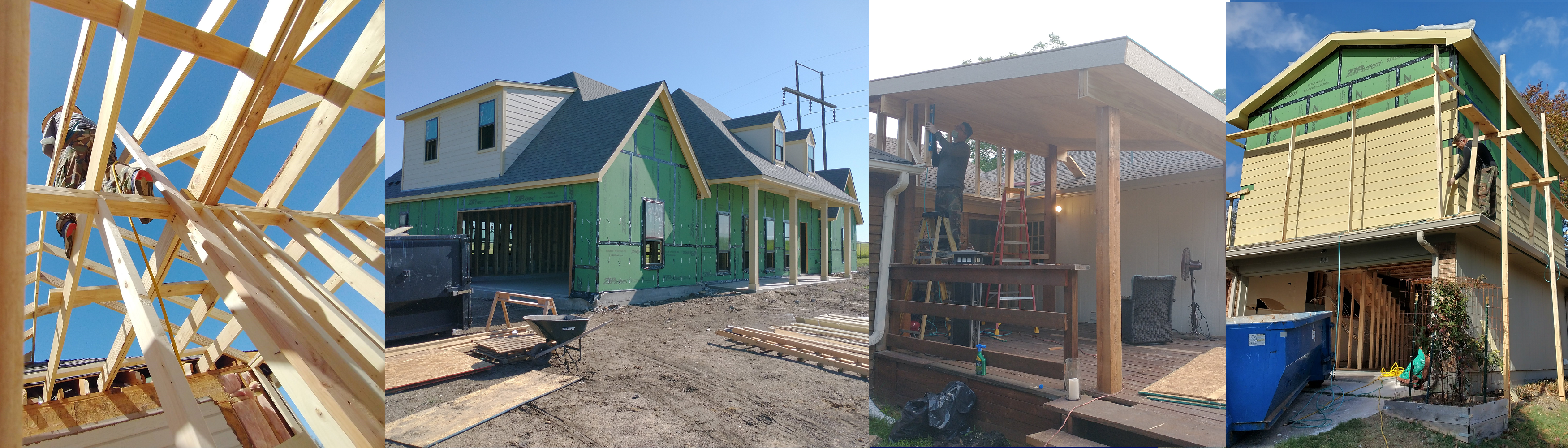 Here we have have 4 images that show some of Oscars jobs and Oscar in action, the first image starting from left to right shows Oscar building the roof of a House, he is standing on a wall, nailing the rafters to the ridge. In the second image it shows a new 2 story house that Oscar built. It has 2 dormers at the front. The house still needs brick. A dumpster on the left. The house has a garage. In the 3rd image there is a stand alone porch Oscar built, that has a lean to roof. Oscar is in the image finishing up the job, making a small wall to enclose the space between the porch roof and the house roof. In the 4th image Oscar is putting siding on the second story of a garage. Oscar built the second story that was added on top of the pre-existing garage.